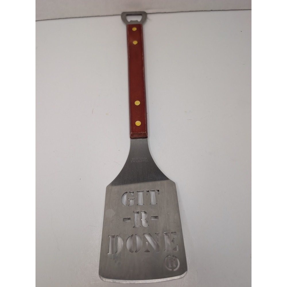 Git-R-Done" Stainless Steel BBQ Grill Spatula Bottle Opener Wooden Handle